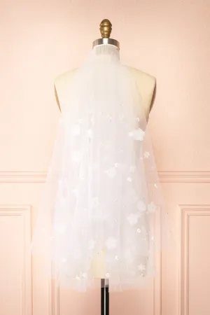 Ashani White | Tulle Wedding Veil with Floral Appliqus