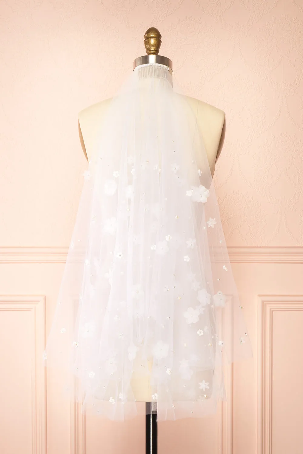 Ashani White | Tulle Wedding Veil with Floral Appliqus