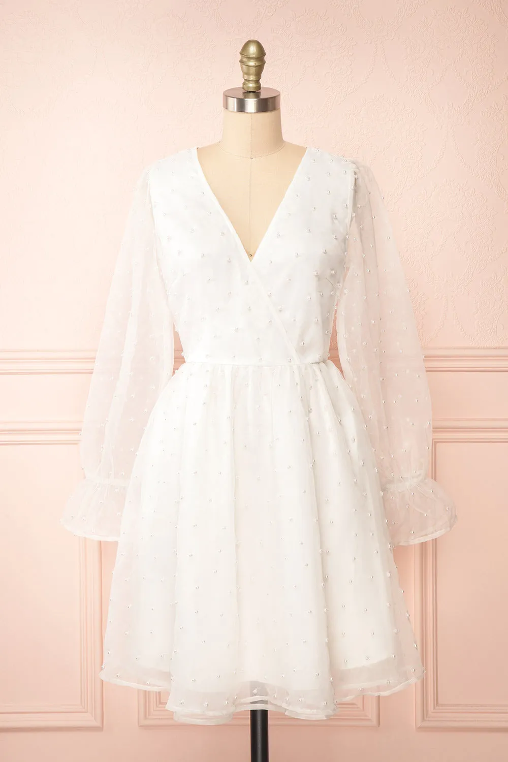 Darlene | Short White A-Line Dress w/ Pearls