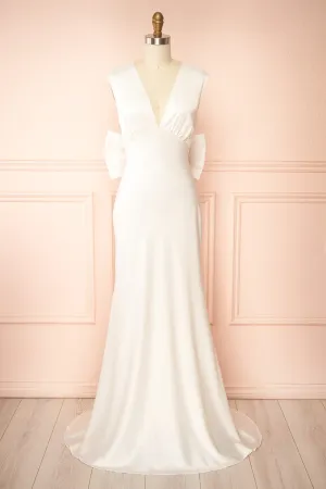 Ivoria | Satin Ivory Maxi Dress w/ Bow