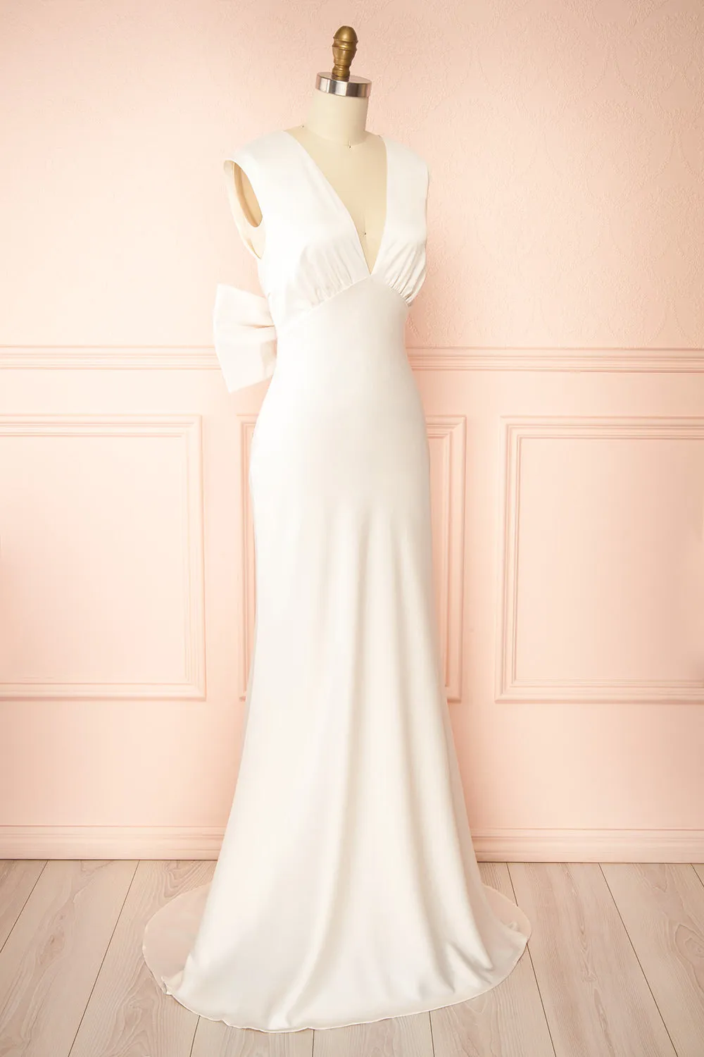 Ivoria | Satin Ivory Maxi Dress w/ Bow