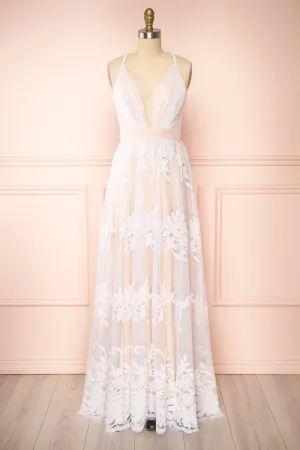 Kailania Day | White Plunging Neckline Mesh Maxi Gown