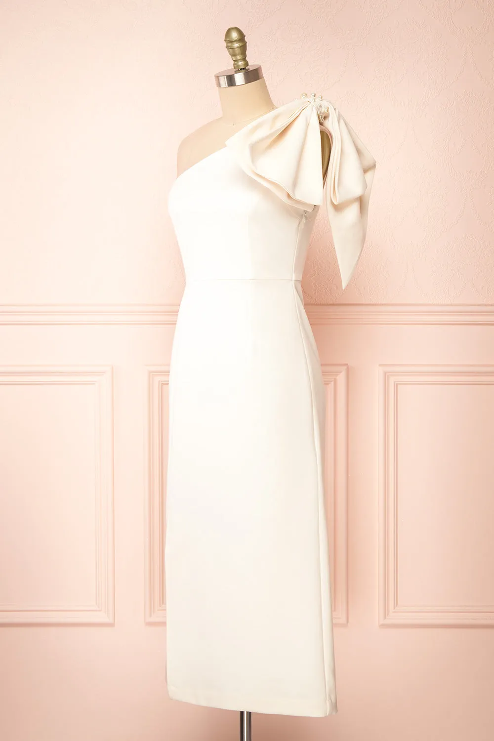 Liliana | One Shoulder Ivory Midi Dress w/ Bow