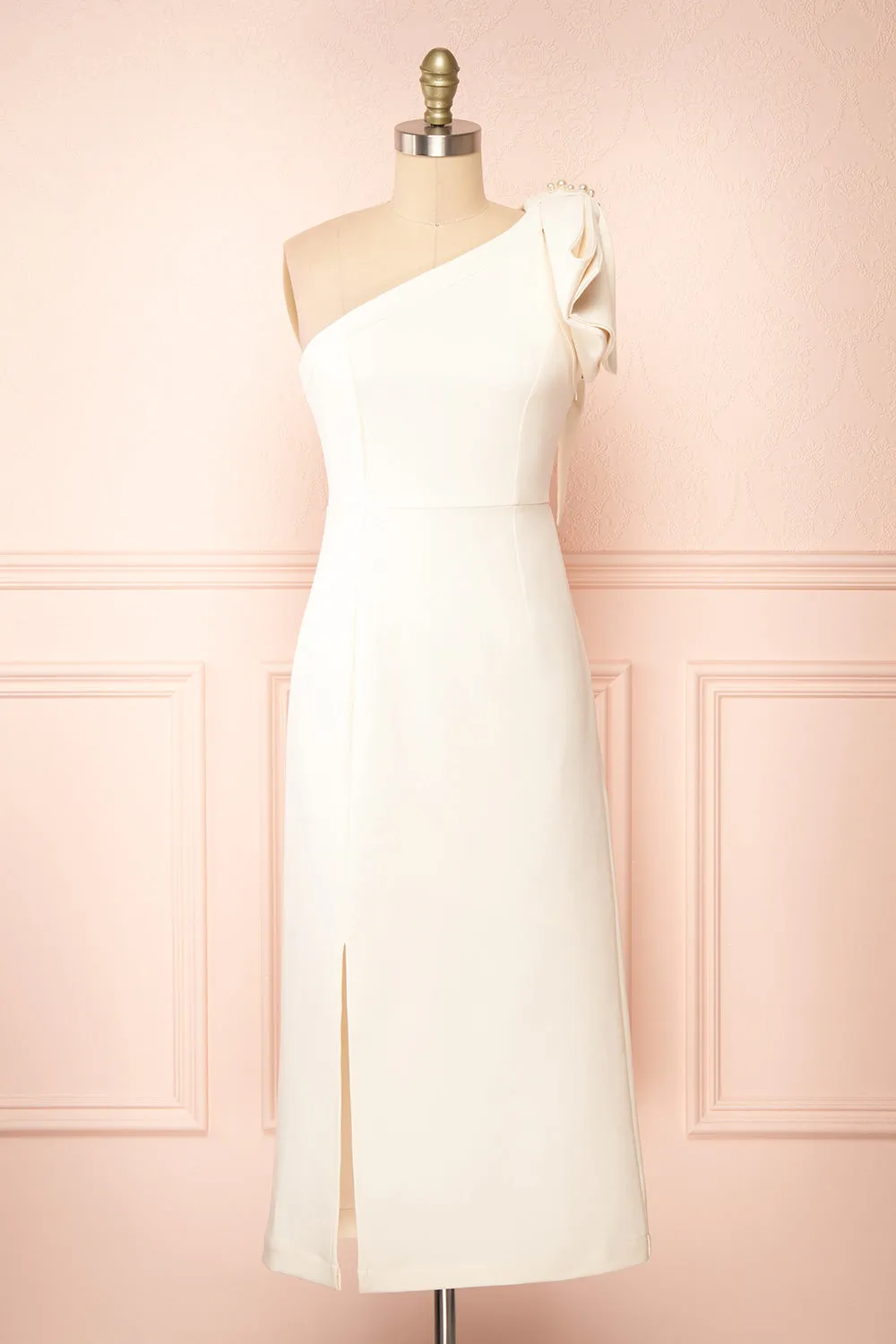 Liliana | One Shoulder Ivory Midi Dress w/ Bow