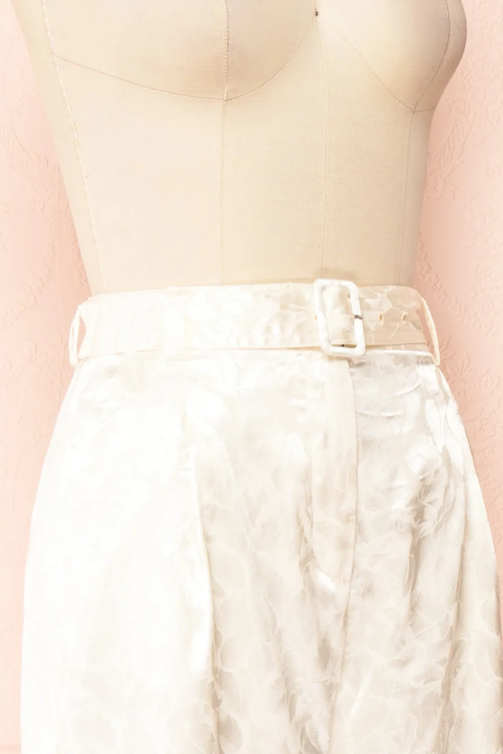 Ludita | Ivory Satin Floral Print Pants w/ Belt