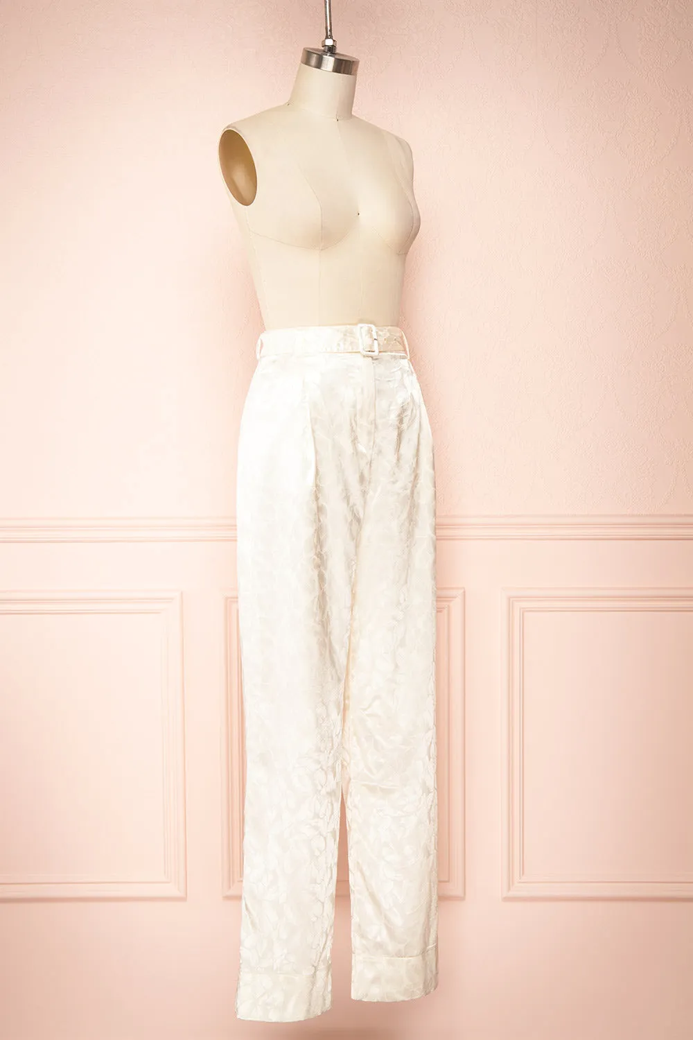 Ludita | Ivory Satin Floral Print Pants w/ Belt