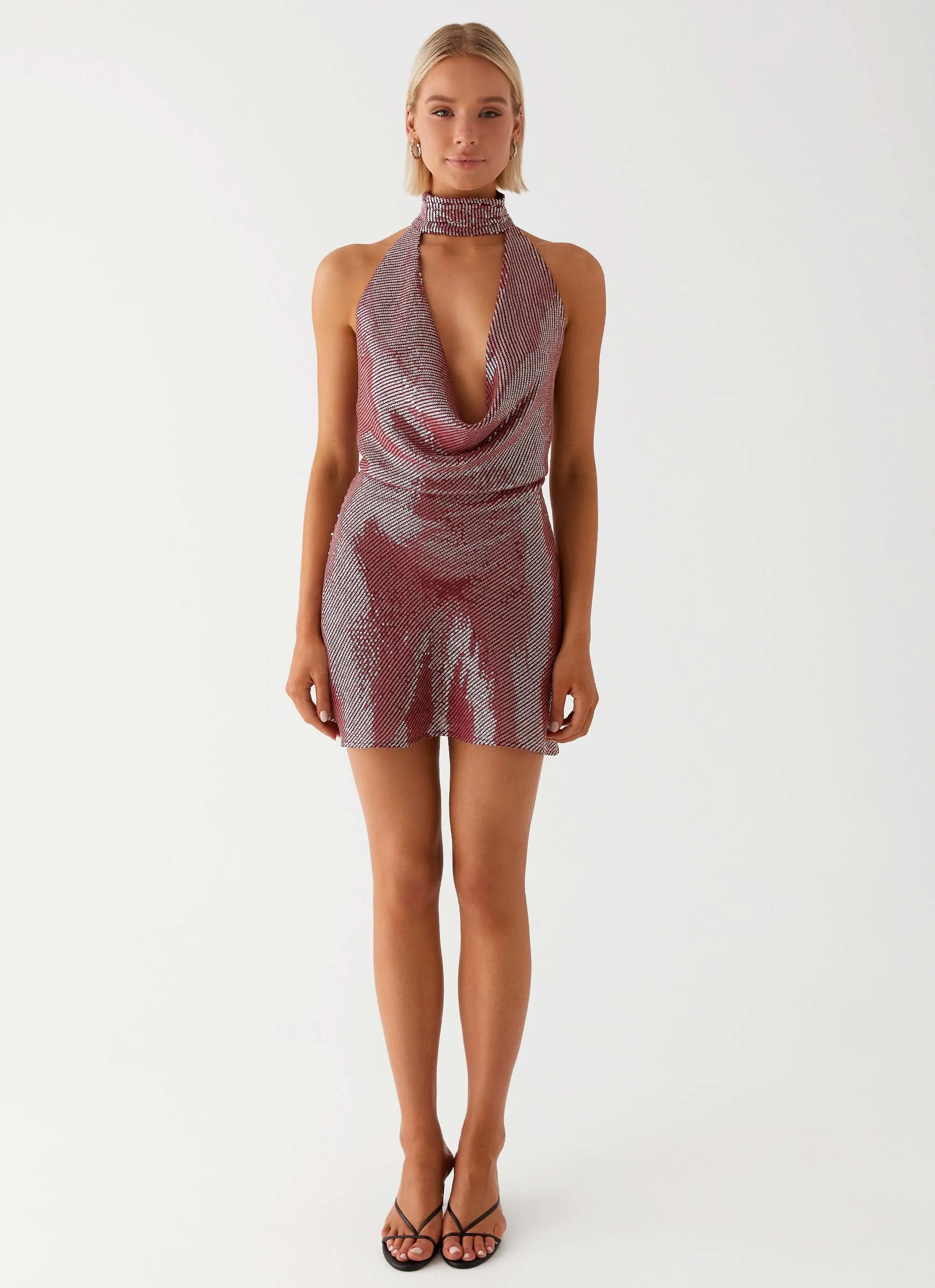 Nora Sequin Cowl Neck Mini Dress - Red