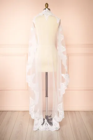 Polaris White | Tulle Wedding Veil with Floral Lace
